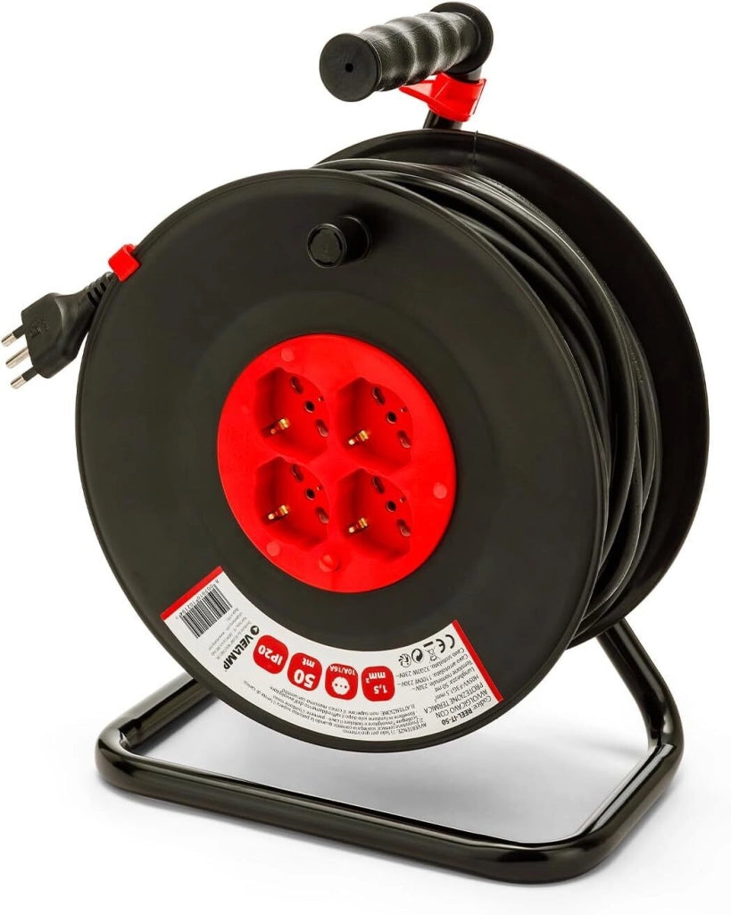 Velamp REEL-IT-50 Avvolgicavo Prolunga Elettrica 4 Prese Polivalenti Schuko 10-16A Spina 16A Cavo 50mt 3G1.5mm² Protezione Termica Interruttore di Sicurezza colore Rosso - Nero