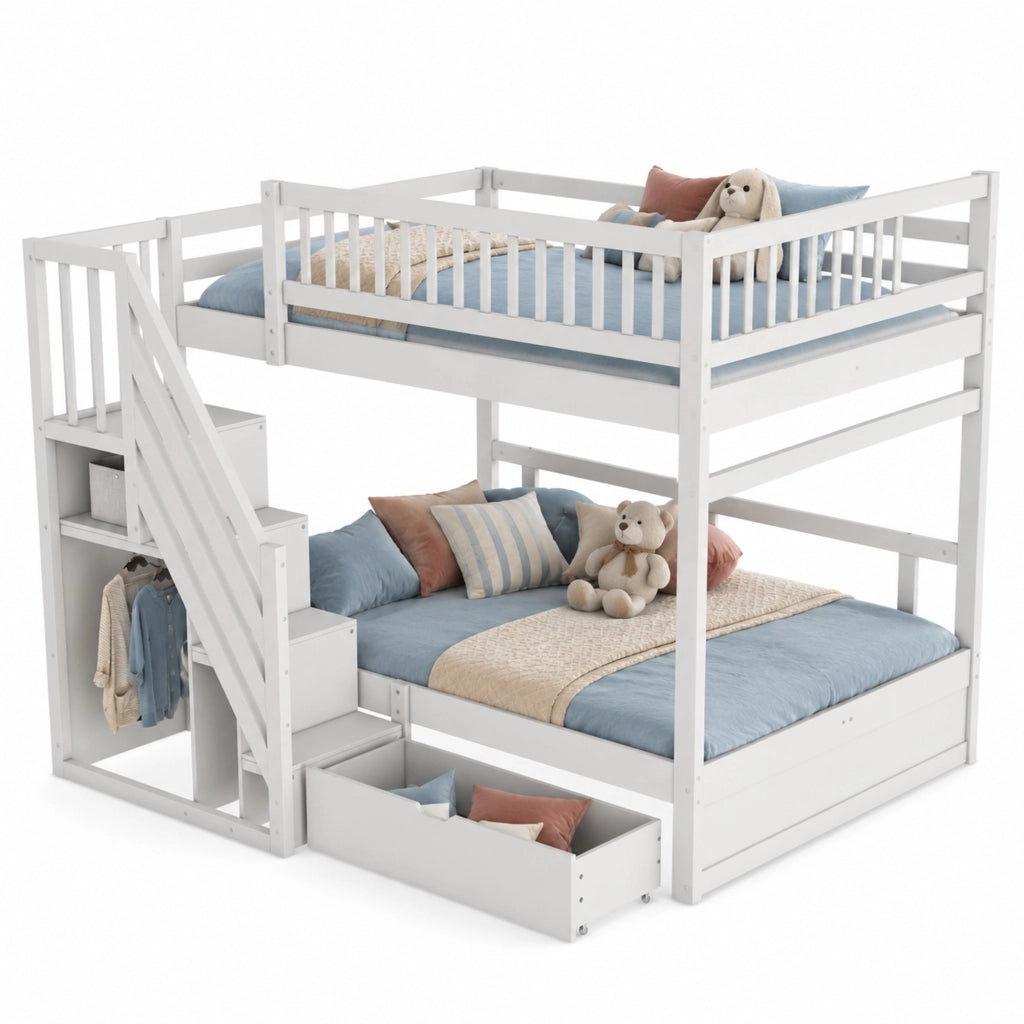Letto a castello in legno massello 140x200 cm con scala contenitore e cassetti; bianco