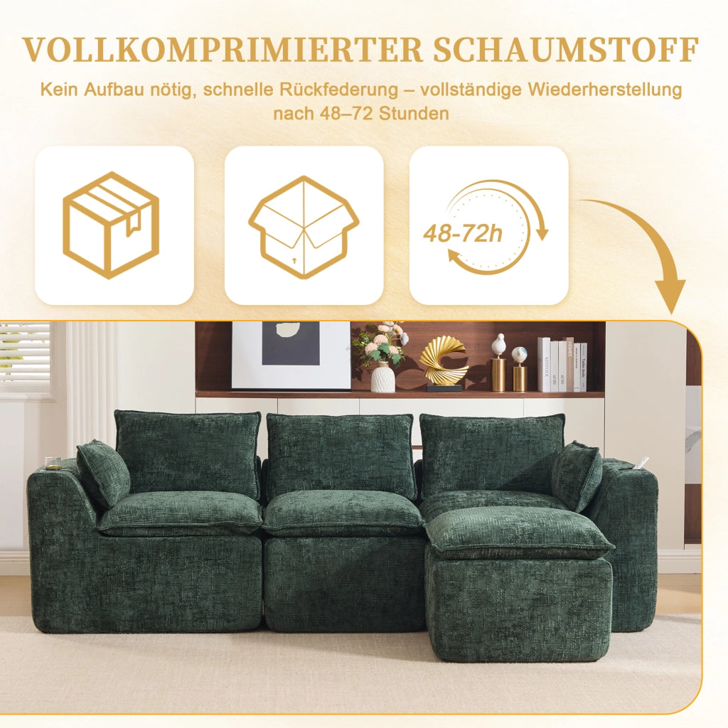 Divano modulare 3 posti con pouf contenitore e tasche laterali in chenille verde