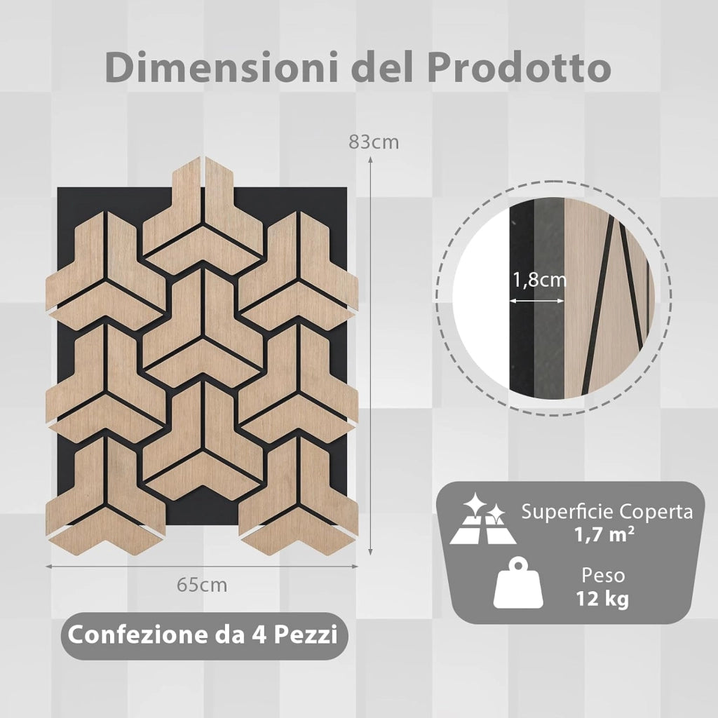 Set di 4 Pannelli Fonoassorbente, Pannelli Acustici per Pareti, 65 x 83 cm, 27 Tavole di Legno Irregolari, per Riduzione del Rumore, Decorazione Interna, 1,7 m²
