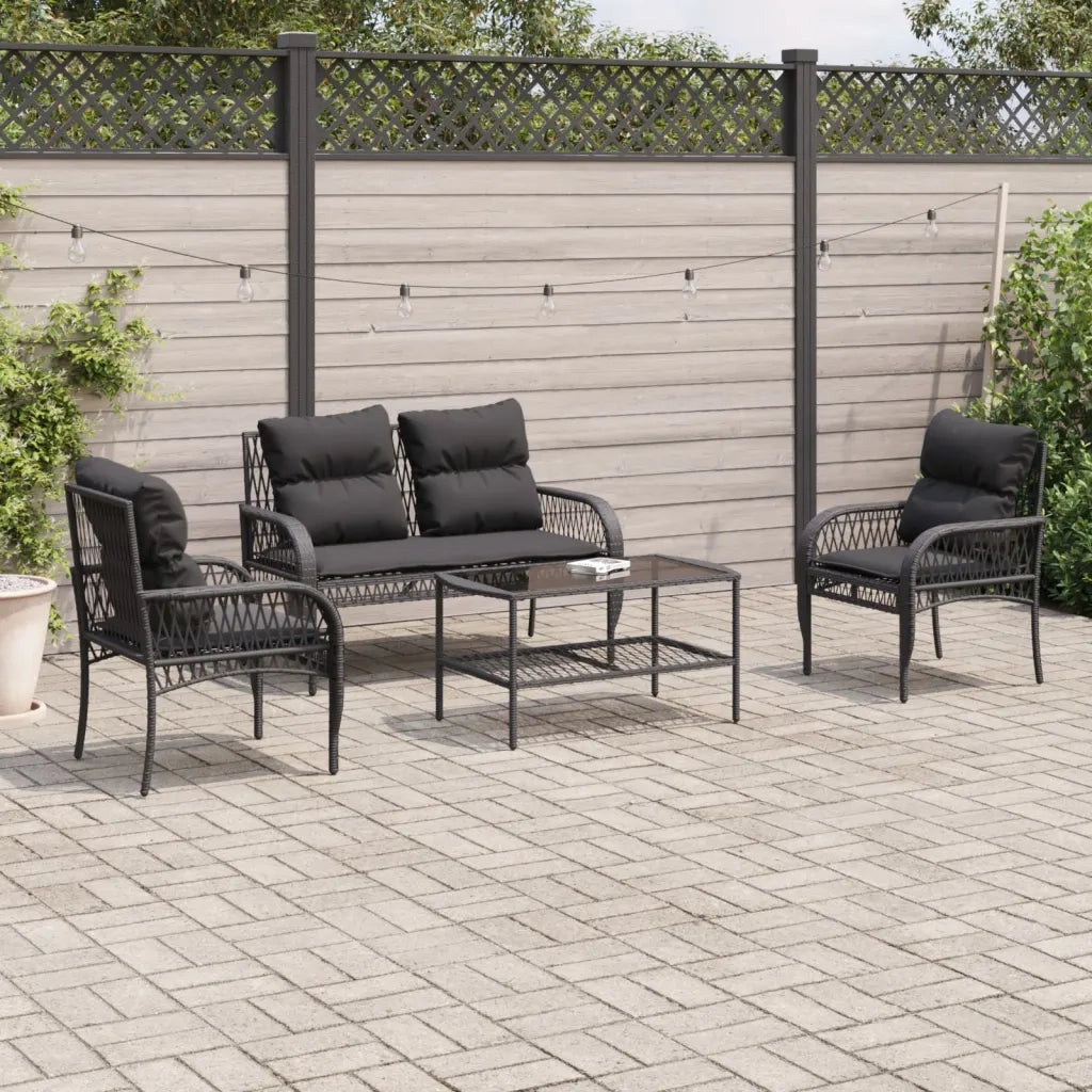 Set Divani da Giardino 4 pz | Set Salotto da Giardino con Cuscini Nero in Polyrattan