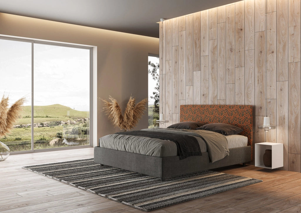 Letto Matrimoniale 160x210 cm con Rete e Contenitore con Testata e Alzata Comoda Imbottito in Tessuto Era Arla Arancio