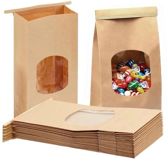 Zaketti di cartone di Kraft con finestra di osservazione (25 pezzi), resistente all'olio e riutilizzabile, ideale per regali fatti a mano, magazzinaggio.