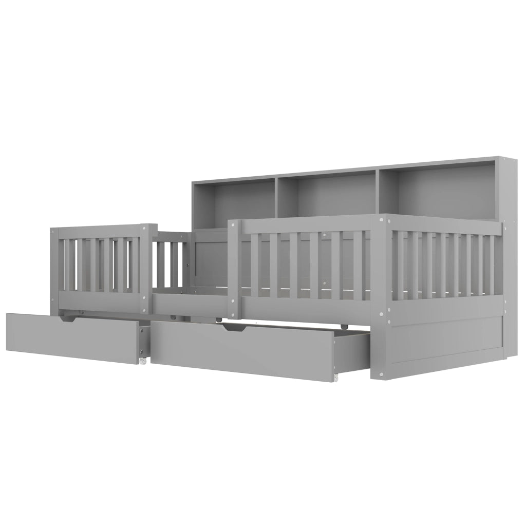 Letto per bambini singolo con barriera; 2 cassetti; ripiani e LED 90 × 200 cm; senza materasso