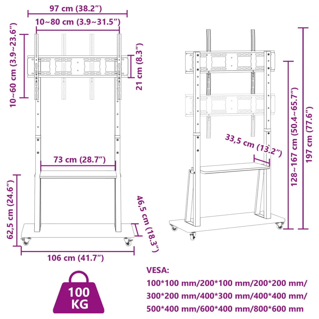 Supporto TV | Armadietto TV | Mobile Porta TV con Ruote Schermo 32"-90" Max VESA 800x600 mm 100kg