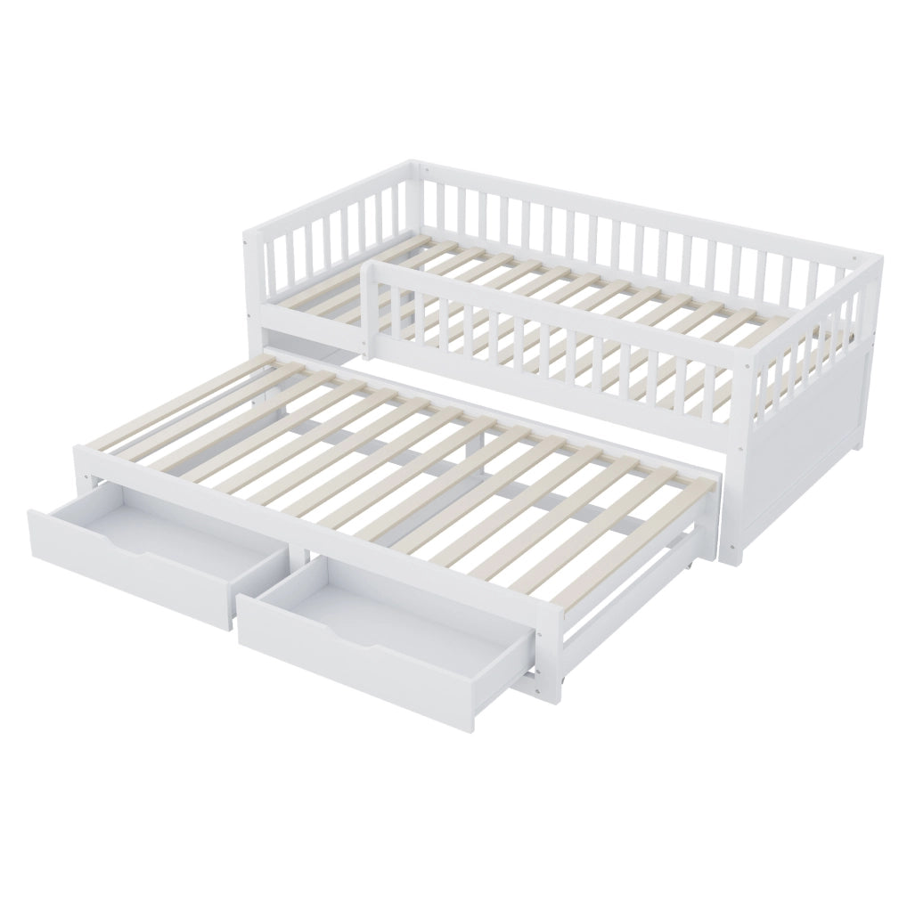 Letto singolo 90x200 cm con letto estraibile; 2 cassetti e rete; bianco