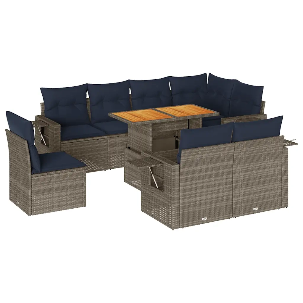 Set Divano da Giardino 9 pz con Cuscini Grigio in Polyrattan