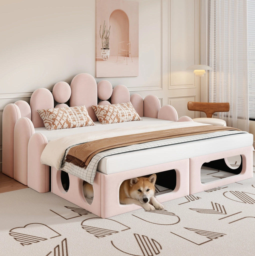 Letto multifunzione imbottito 180x200 cm con spazio per animale domestico, rosa