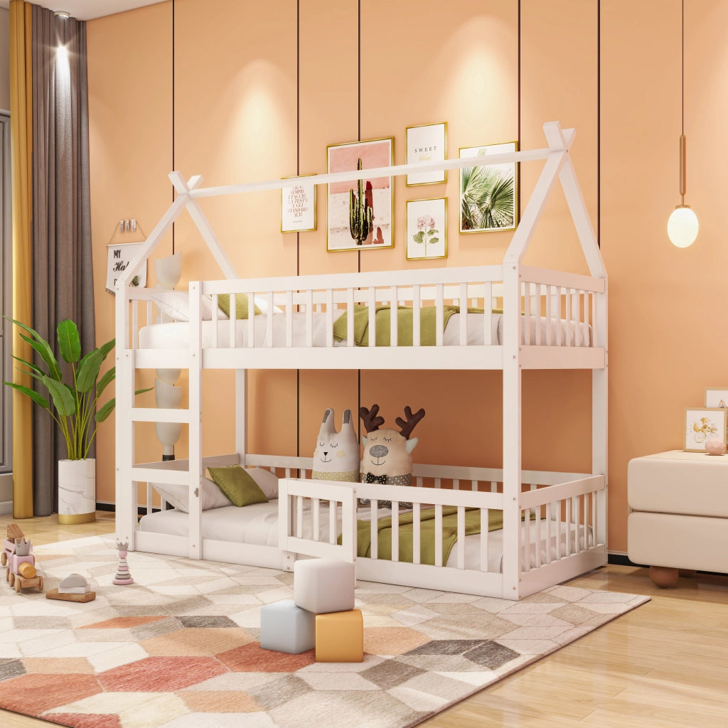 OKWISH Letto a Castello 90×200 cm, Letto Singolo con Scala, Sponde Alte e Sportello, senza Materasso, in Legno, Bianco