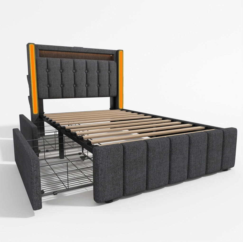 Letto singolo imbottito ULEVR 90x200 cm con materasso, LED, USB/Type-C e 2 cassetti, grigio