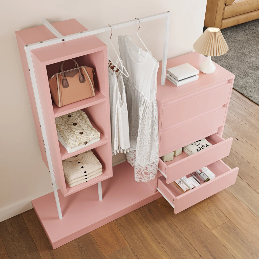 Armadio multifunzione con cassetti e barra appendiabiti, 140 x 40 x 135 cm, rosa e bianco