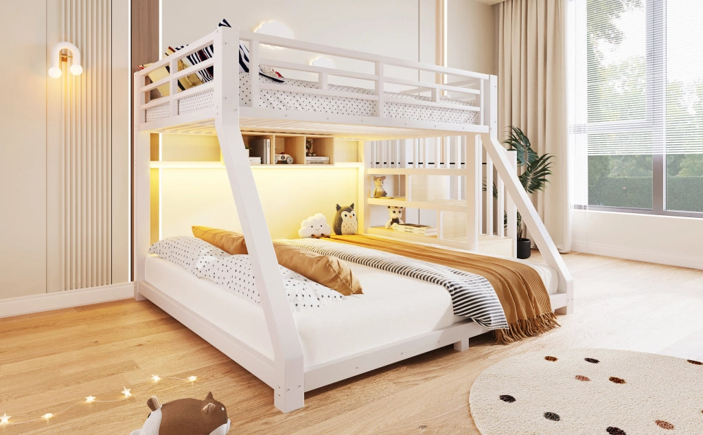 Letto a castello 90 × 200 cm et 140 × 200 cm con 3 scomparti, scale contenitore et LED, senza materasso, in metallo, bianco