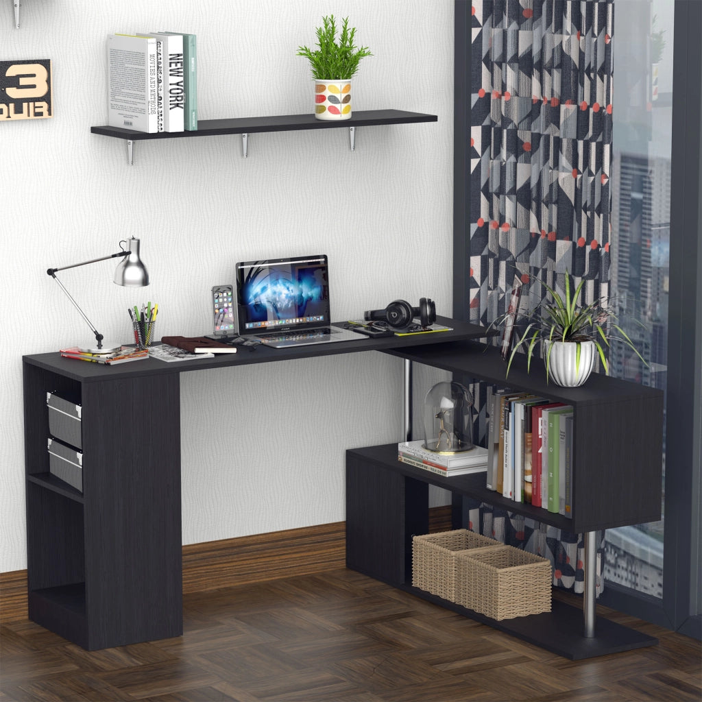 Scrivania Angolare Salvaspazio in Legno ¨C Xylo ¨C Ripiano, Nero, 140x120x78 cm