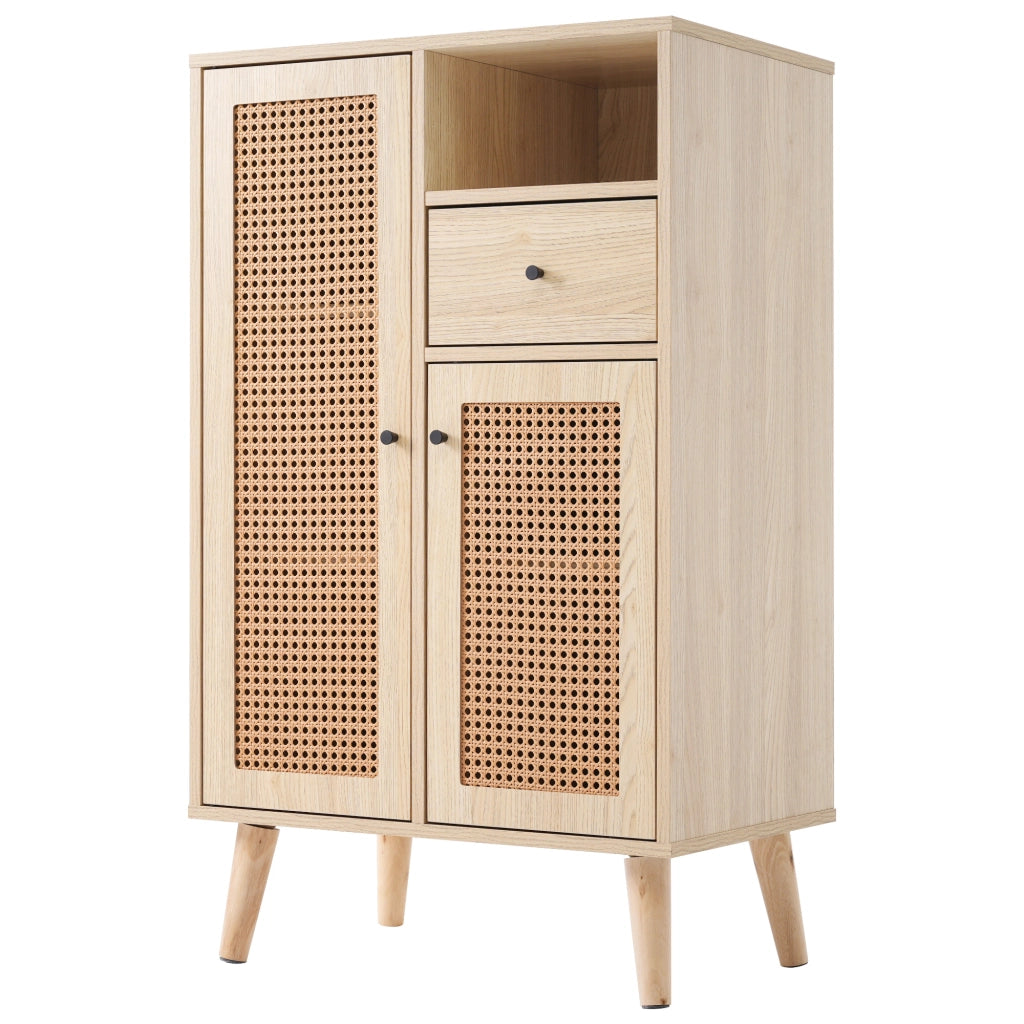 Credenza in effetto legno rovere con 2 ante in rattan e 1 cassetto, 60 x 40 x 101 cm