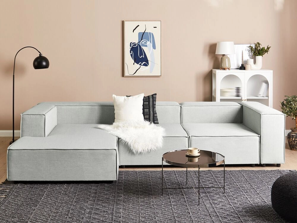 Divano modulare a destra Divano angolare componibile a 3 posti in lino grigio con gambe nere Soggiorno moderno