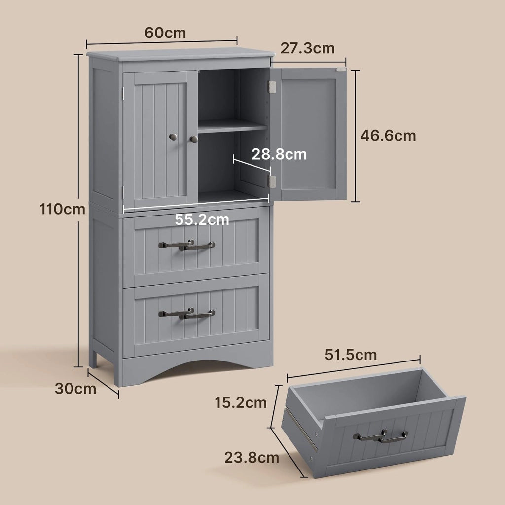 Armadietto da Cucina, Mobile bagno con 2 Cassetti, con Ripiani Regolabili, per Bagno, Soggiorno and Cucina, 60×30×110 cm,Grigio