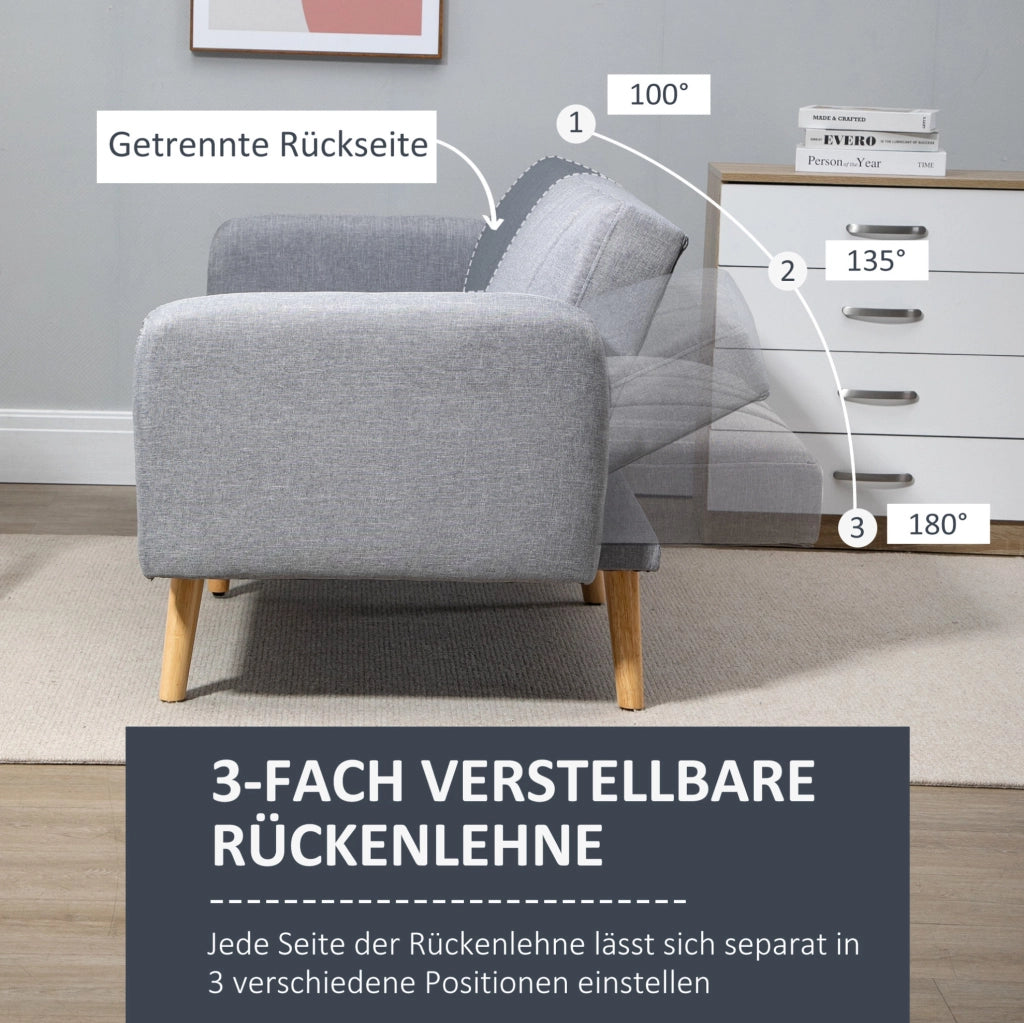 Divano letto 2 posti con schienale regolabile e gambe in legno, 173x75x73 cm, grigio