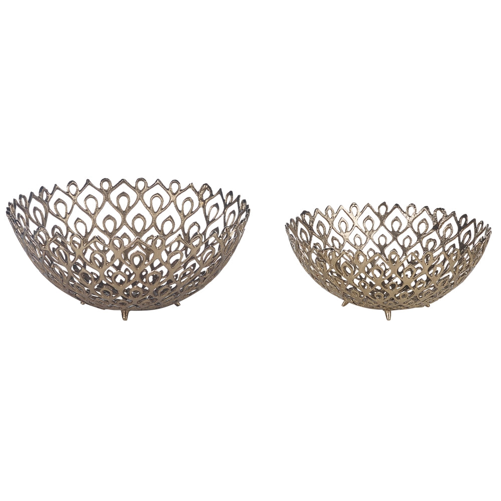 Set di 2 vassoi decorativi Ciotola rotonda in metallo dorato con design traforato