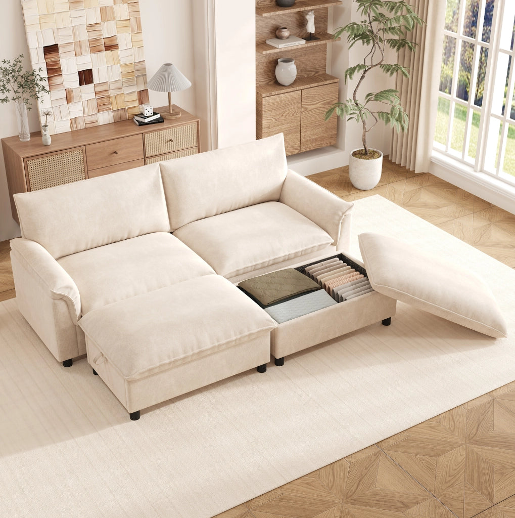 Divano modulare convertibile in letto in chenille Beige 216x77x82 cm