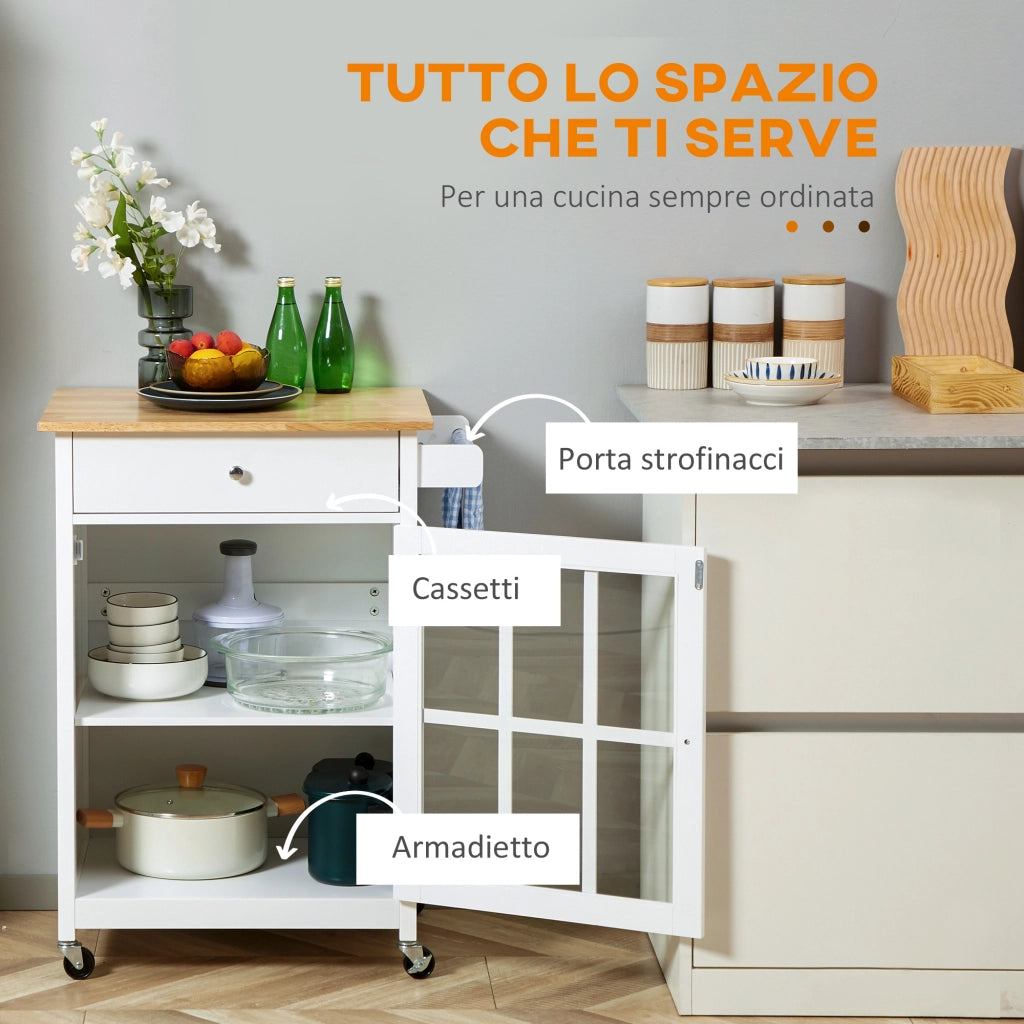 Carrello da Cucina Multiuso con 4 Ruote. in Legno Bianco. 67x48x86.5cm