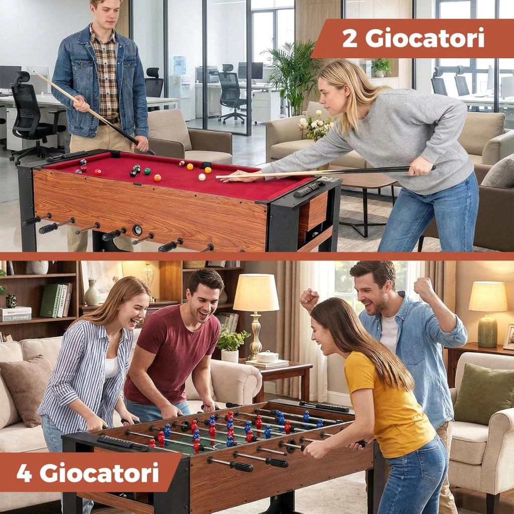 2 in 1 Calcio Balilla, Tavolo da Biliardo con 2 Palline, Stecche Triangolo Spazzola e Gessetti, Tavolo Multigioco per Casa Sala Giochi e Feste