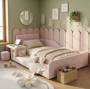 Letto imbottito per bambini 90x200 cm con scrivania, sgabello e ripiano in velluto rosa