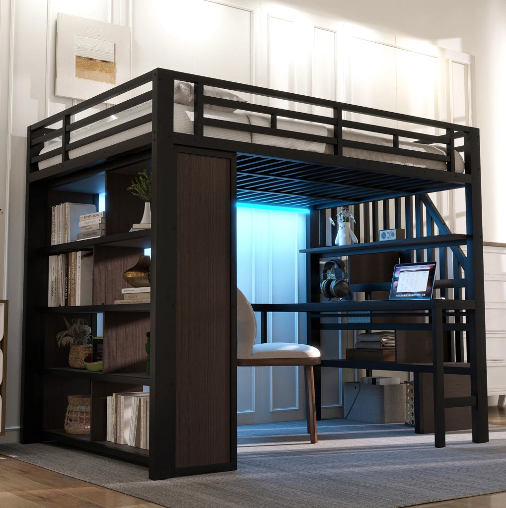 Letto a soppalco 140x200 cm con scrivania; scaffali; scala contenitore e LED in metallo e MDF nero