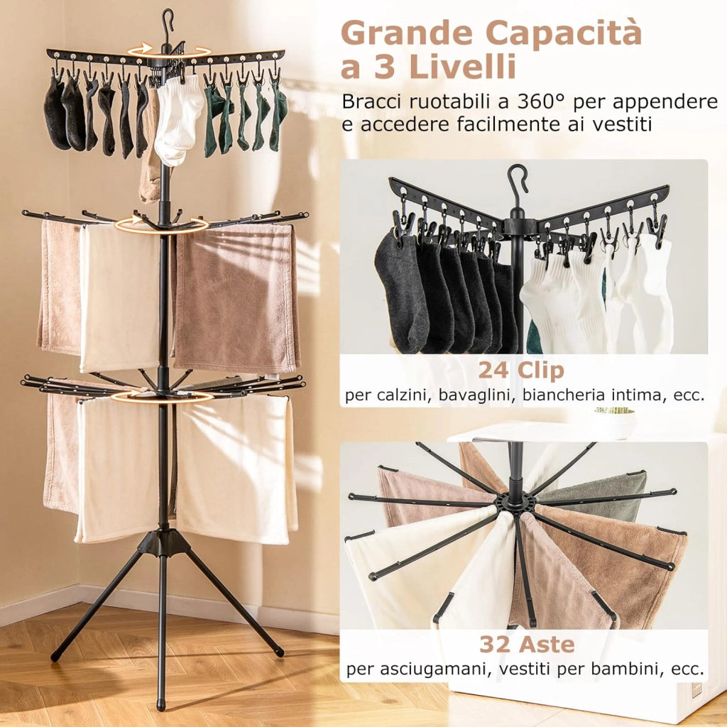 Stendibiancheria da Pavimento a 3 Livelli, Auoto Tripode Stendibianchiera Alto 178 cm con con 24 Ganci & 32 Aste, Portaasciugamani Pieghevole con Bracci Rotabili per Lavanderia e Balcone