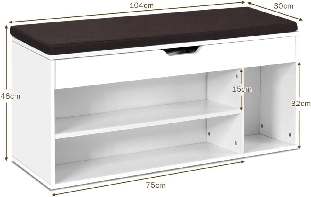 Scarpiera Panca da Ingresso, Portascarpe Legno a 2 Ripiani, con Imbottito Cuscino Rimovibile, con Scomparto di Archiviazione, 104x30x48 cm (Bianco)