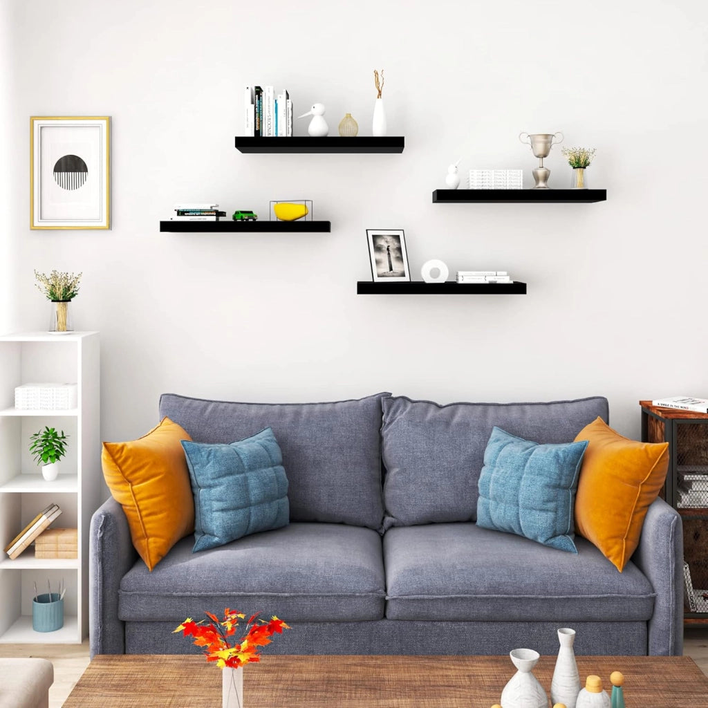Mensola da Muro, Set di 4, Scaffale Sospeso da Parete Libreria Piccola per Soggiorno Cameretta Porta CD DVD, Pannello MDF 40x22,9x3,8cm, Nero, RG9476sz-4