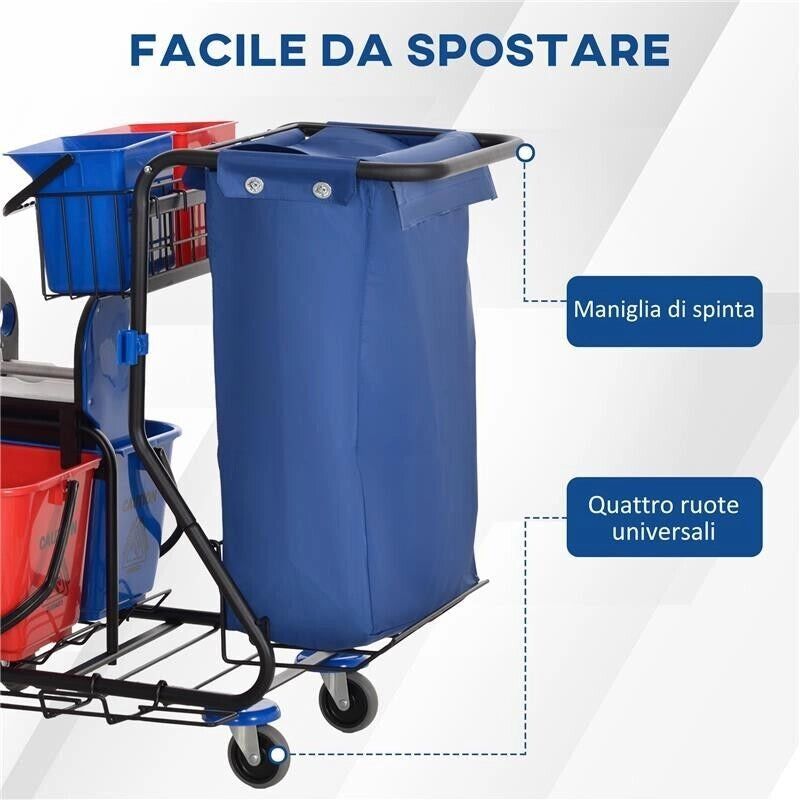 CARRELLO PULIZIE CON SACCO PER IMMONDIZIA, 4 SECCHI E STRIZZATORE PER MOCIO, 93X80X97 CM, ROSSO BLU E NERO