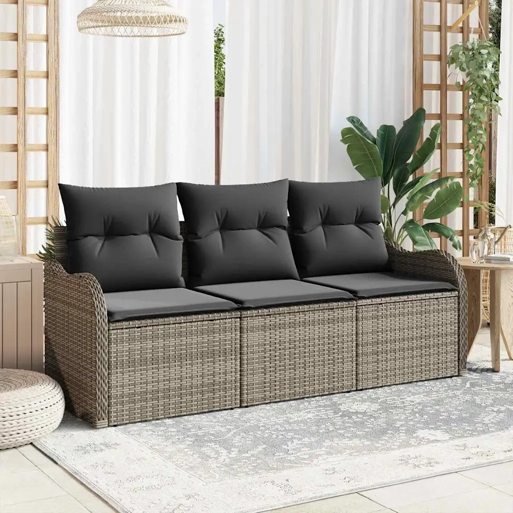 Set Divano da Giardino con cuscino 3 pz | Set Salotto da Giardino Grigio polyrattan