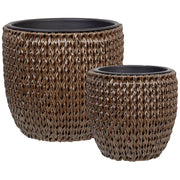 Set di 2 vasi per piante marrone PE Rattan rotondo per interni e per esterni con inserto in plastica
