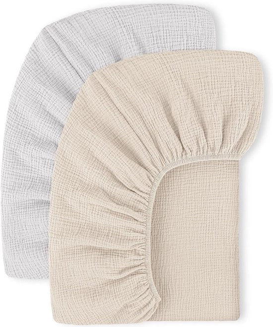Hoeslaken per due per bambini di mousseline 100% cotone - Grigio-crema - 60 x 120 cm - Hoeslaken per lettino da viaggio e lettino supplementare