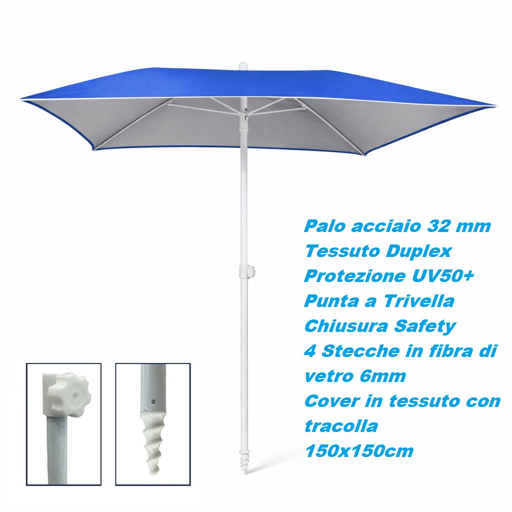 Ombrellone Mare 150x150 Antivento UV50+ Snodo 45° Palo 32 Stecche Fibra Vetro Blu