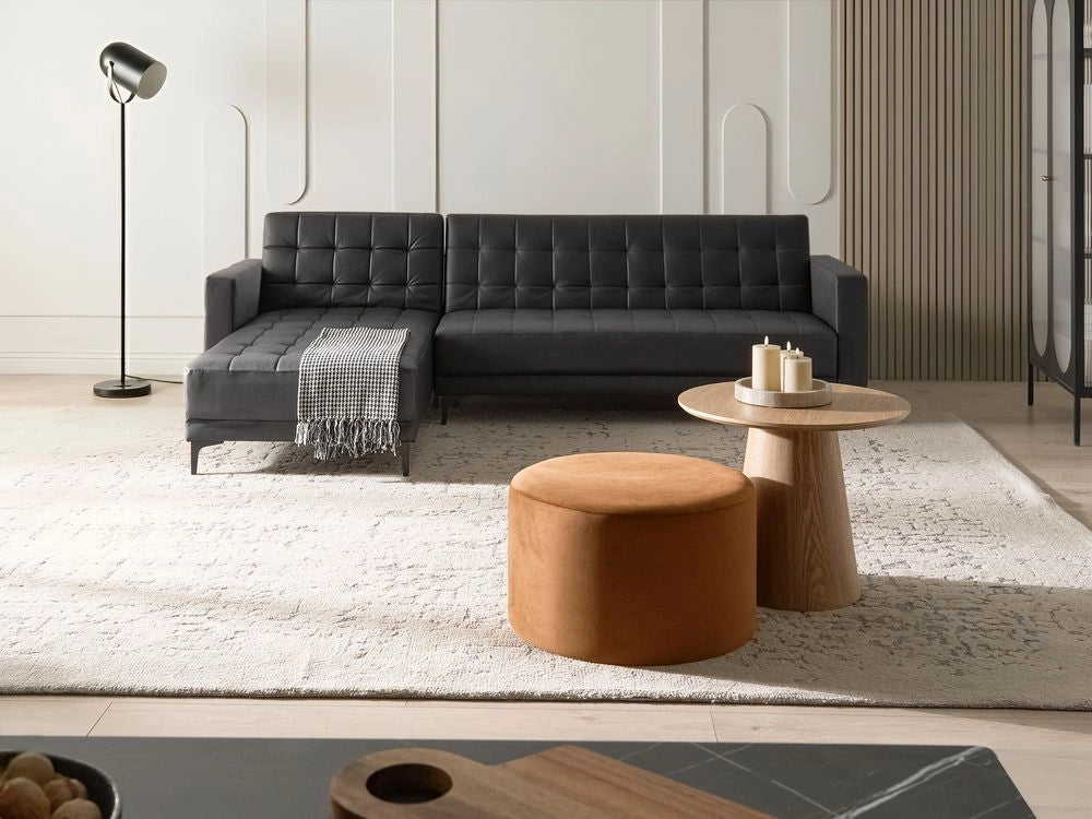 Divano letto ad angolo in ecopelle nera capitonnè moderna a forma di L Chaise longue modulare a 4 posti per versione destra