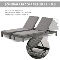 Set 2 Sdraio da Giardino Cuscino Imbottito Regolabile su 6 Livelli in Rattan 196 x 65 x 22 cm, Grigio