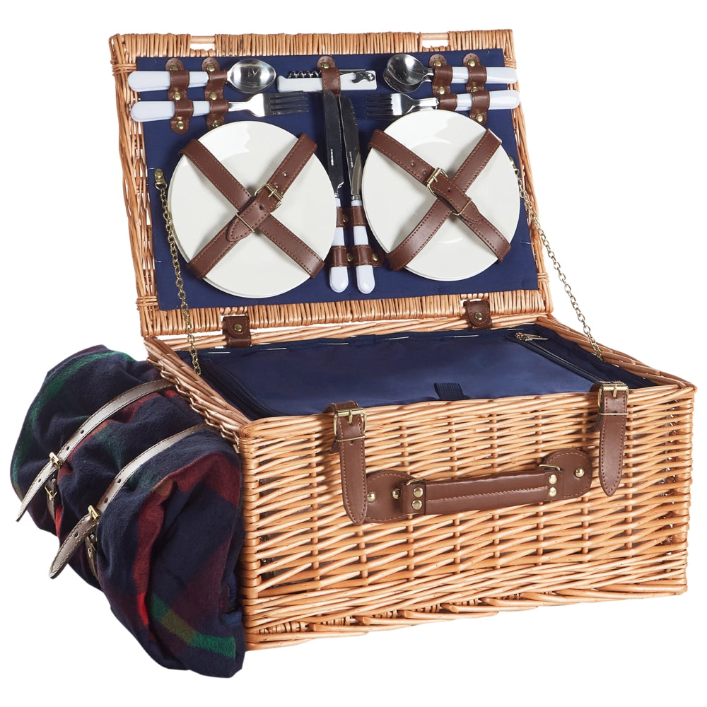 Cesto da picnic per 4 persone in vimini naturale e grigio con set di posate, piatti, bicchieri da vino e borsa termica con cavatappi Coperta inclusa Finitura