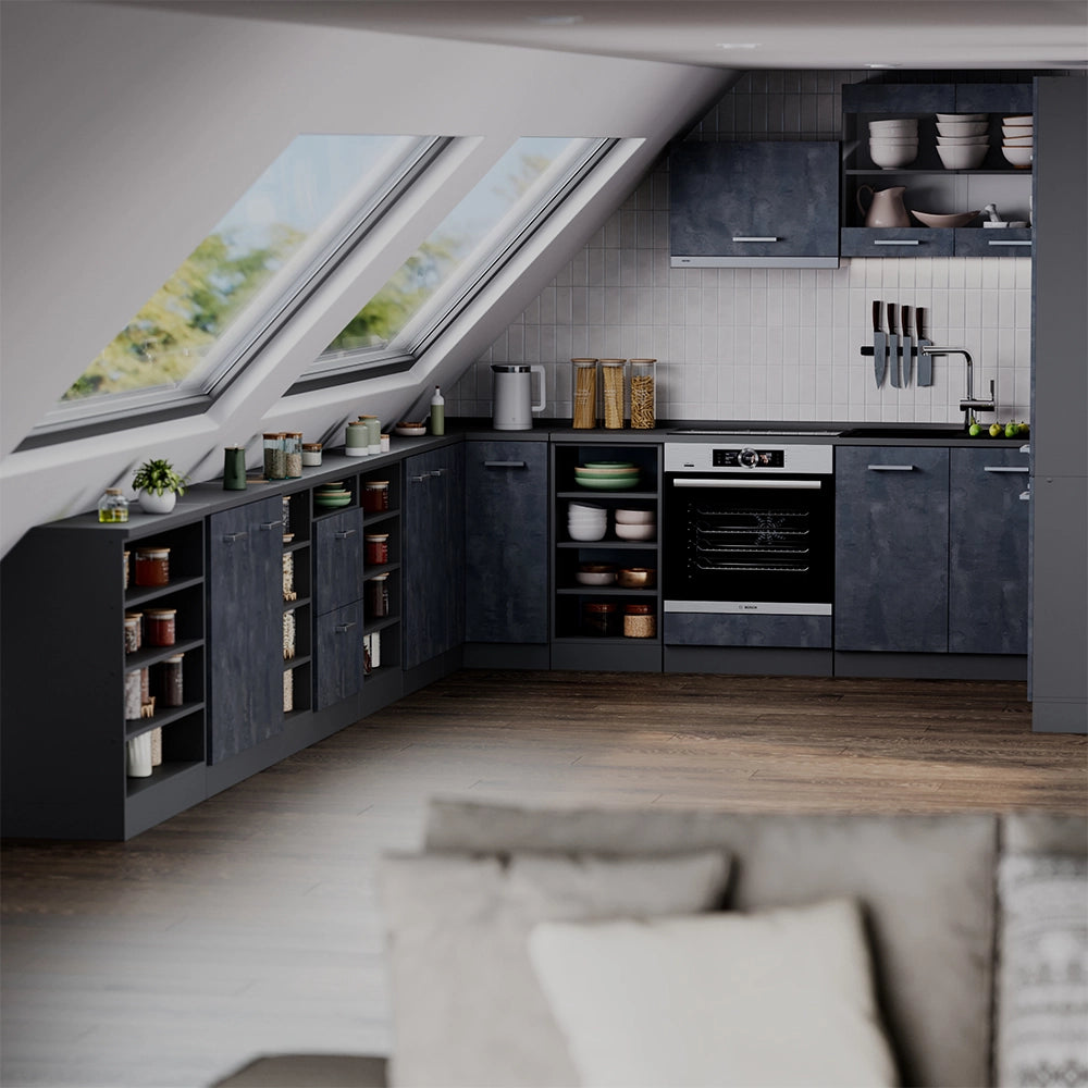 Mobile cucina sottotetto R-Line Calce nera/Antracite 60 cm con 2 cassetti, carcassa 60 cm profondità Vicco