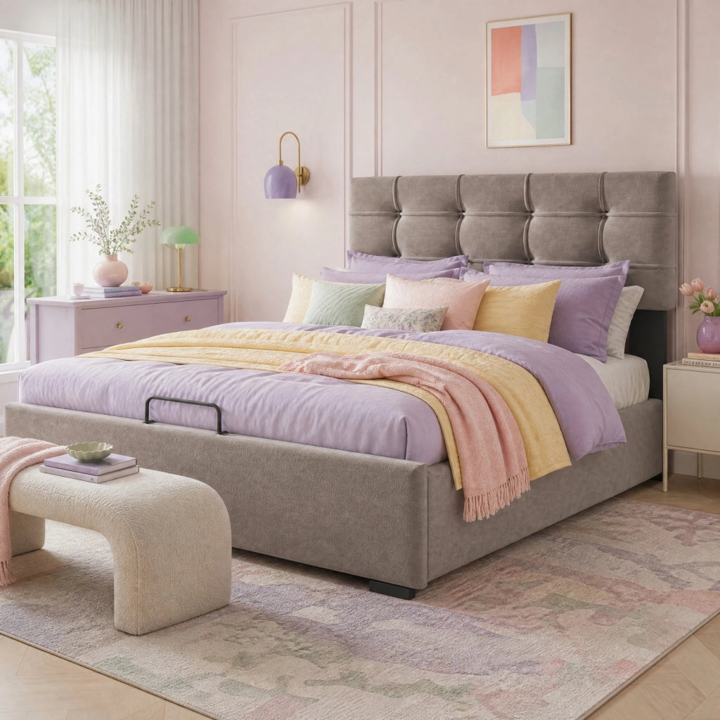Letto contenitore matrimoniale 140x200 cm in velluto, testiera regolabile, grigio chiaro