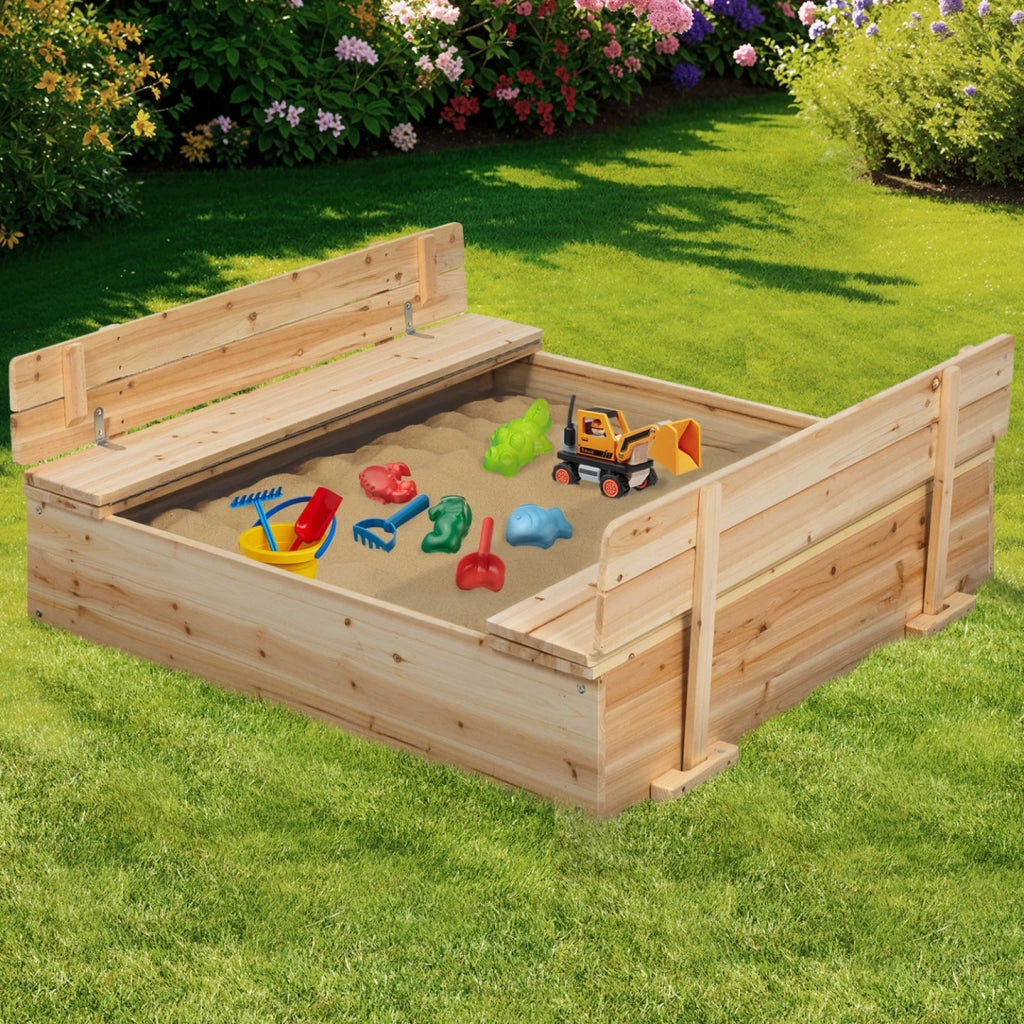 IDMarket - Divertente sabbiera in legno con 2 panchine e teloni protettivi