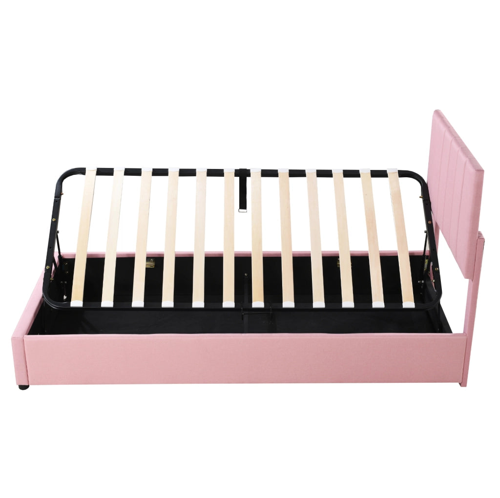 Letto per bambini 90x200 cm con contenitore idraulico in lino rosa e struttura in MDF