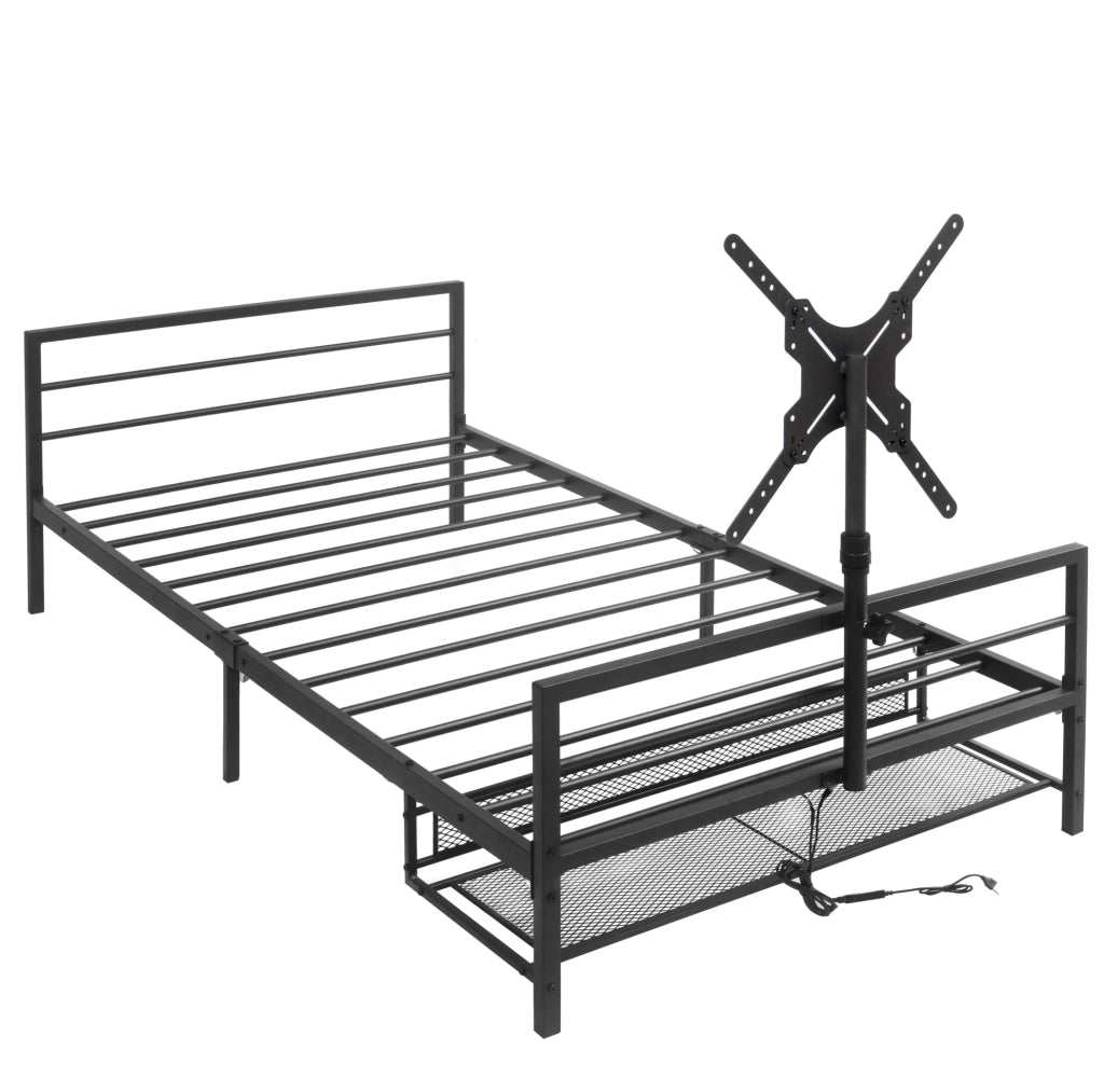 Letto in ferro nero con supporto monitor regolabile; LED e cestino portaoggetti