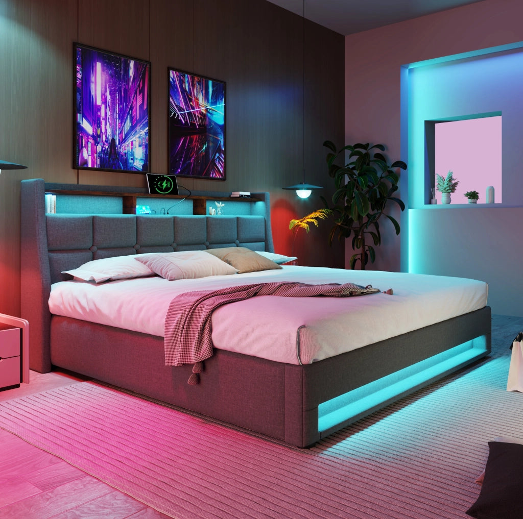 Letto matrimoniale 160x200 cm con materasso; LED e USB in lino grigio