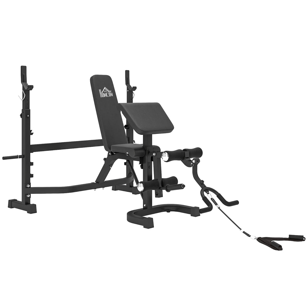 Panca Multifunzione Regolabile 187x140x117-136 cm con Rack Bilanciere in Acciaio e PU Grigio e Nero