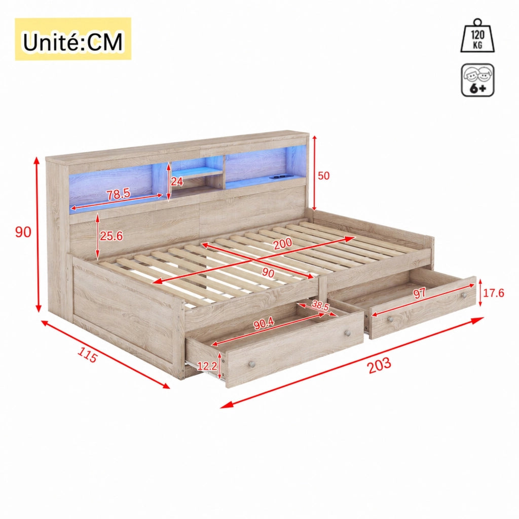 DESMIU Letto a scomparsa 90 × 200 cm 1 posto con 2 cassetti, USB, LED regolabile e 2 prese, senza materasso, naturale