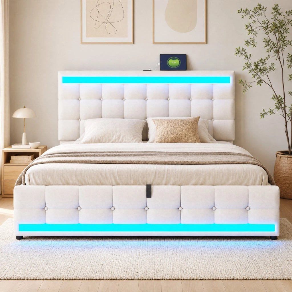 Letto imbottito LED con USB e testiera regolabile 180x200 cm; beige