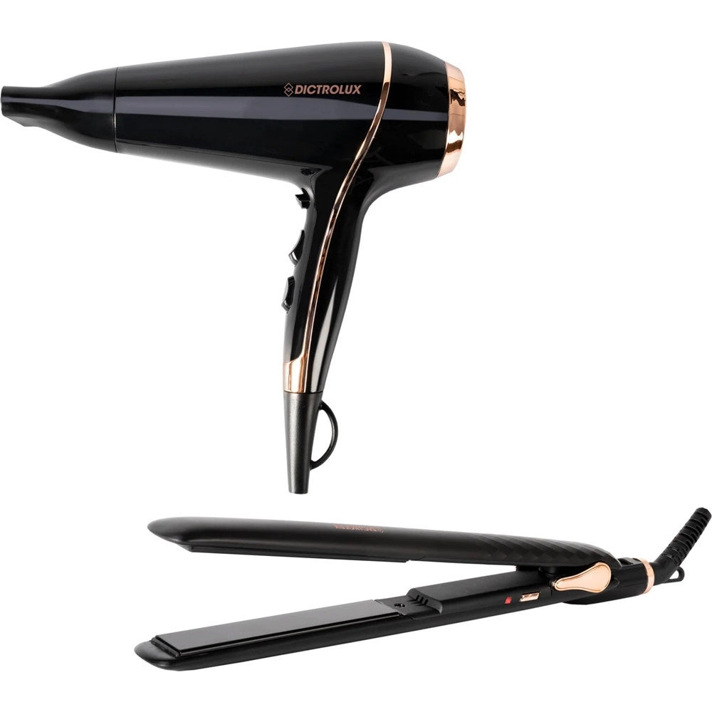 Trade Shop - Set Professionale Asciugacapelli Phon 2100 W + Piastra Per Capelli Lisciante 35 W -