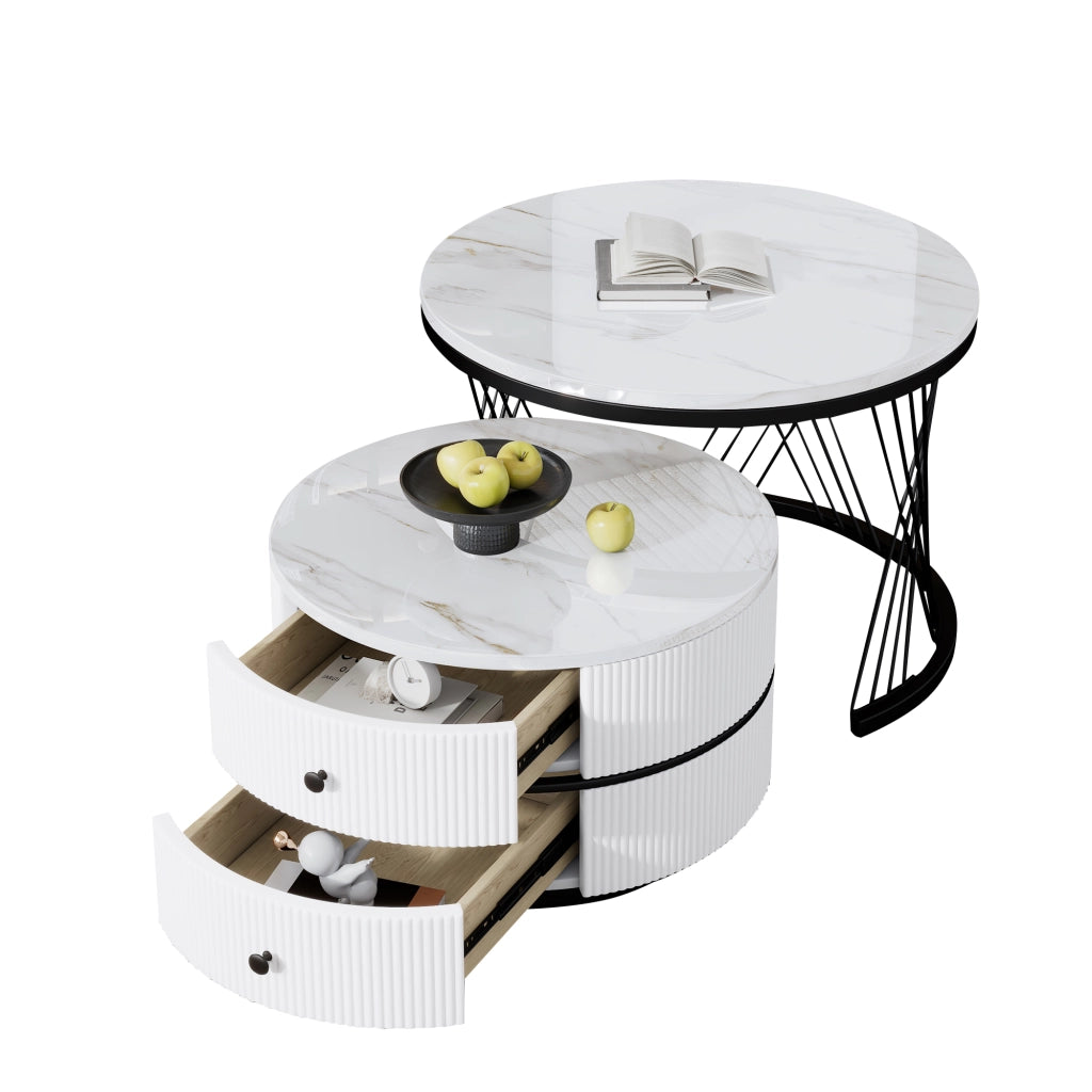 Set tavolini da caffè 60x60x46 cm e 50x50x31 cm; con 2 cassetti; MDF; bianco