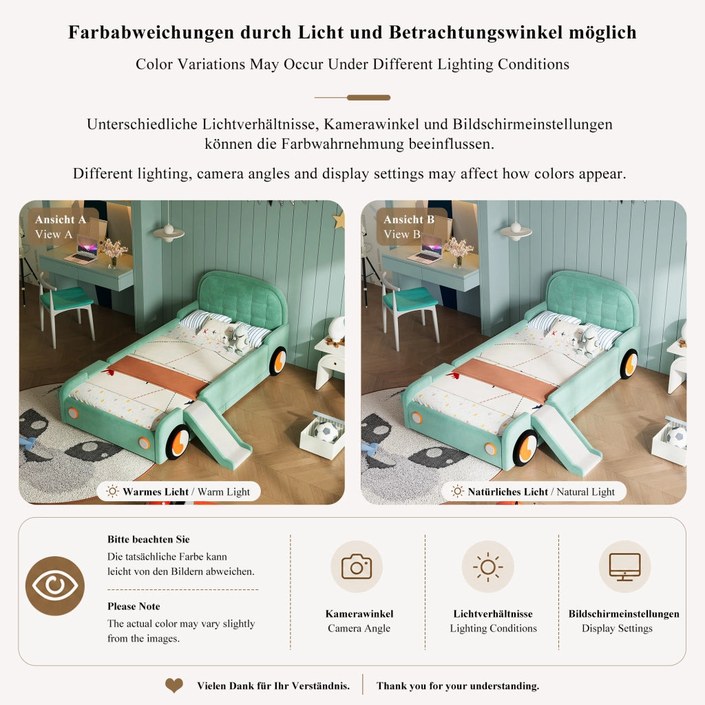 Letto per bambini 90 × 200 cm a forma di auto con scivolo e scala reversibili, senza materasso, velluto blu-verde
